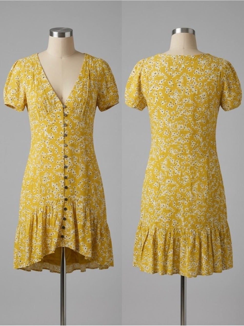 WISH Golden Bloom Floral Crepe V-Neck Short Sleeve Ruffle Hem Dress Size Medium